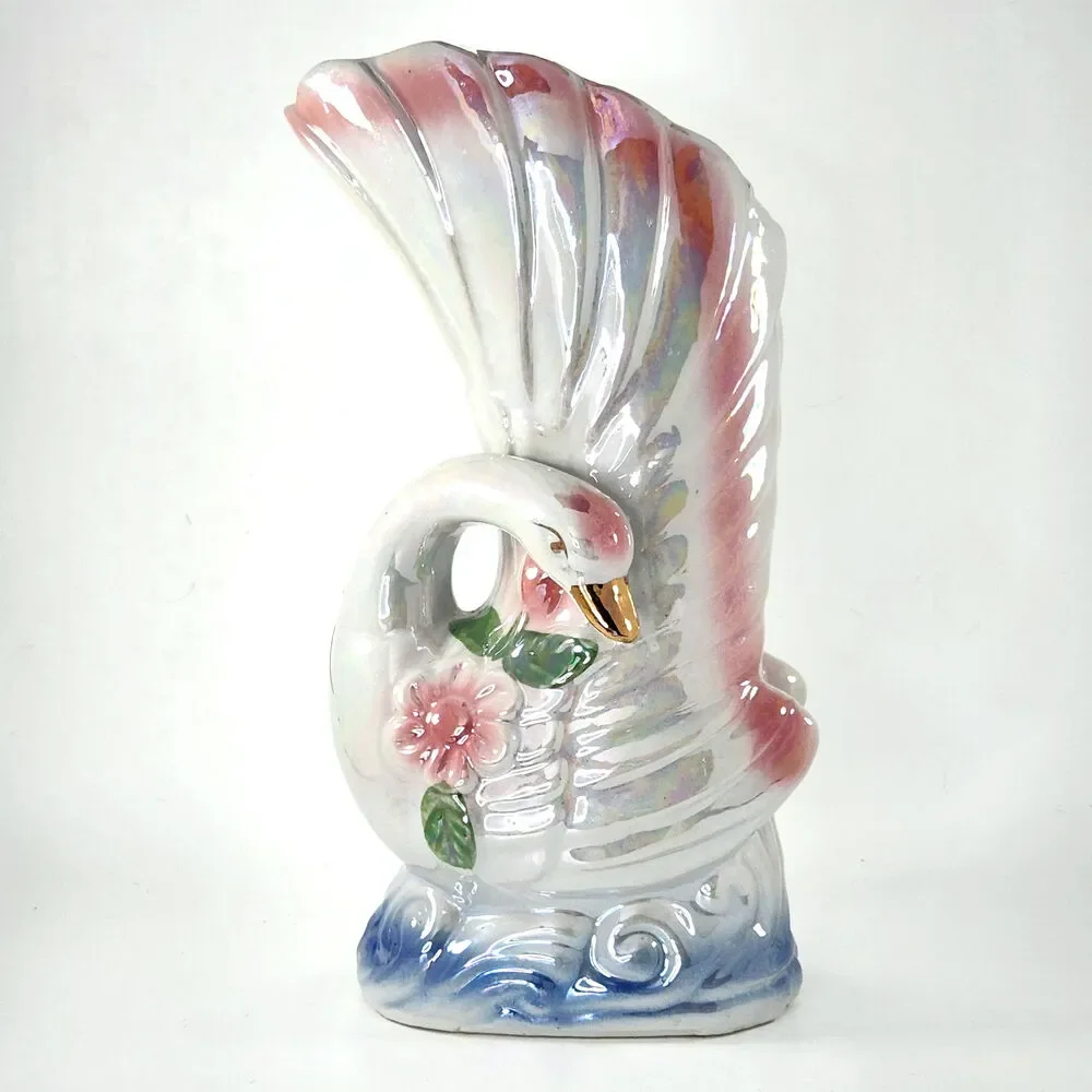Vintage Iridescent Ceramic Swan Vase – Pink & Blue Floral Mid-Century Planter - Picture 3 of 8